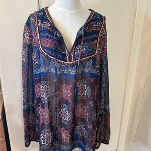 Daniel Rainn Navy and Red Bohemian Sheer shimmery Peasant Tunic Flowy Sz XL